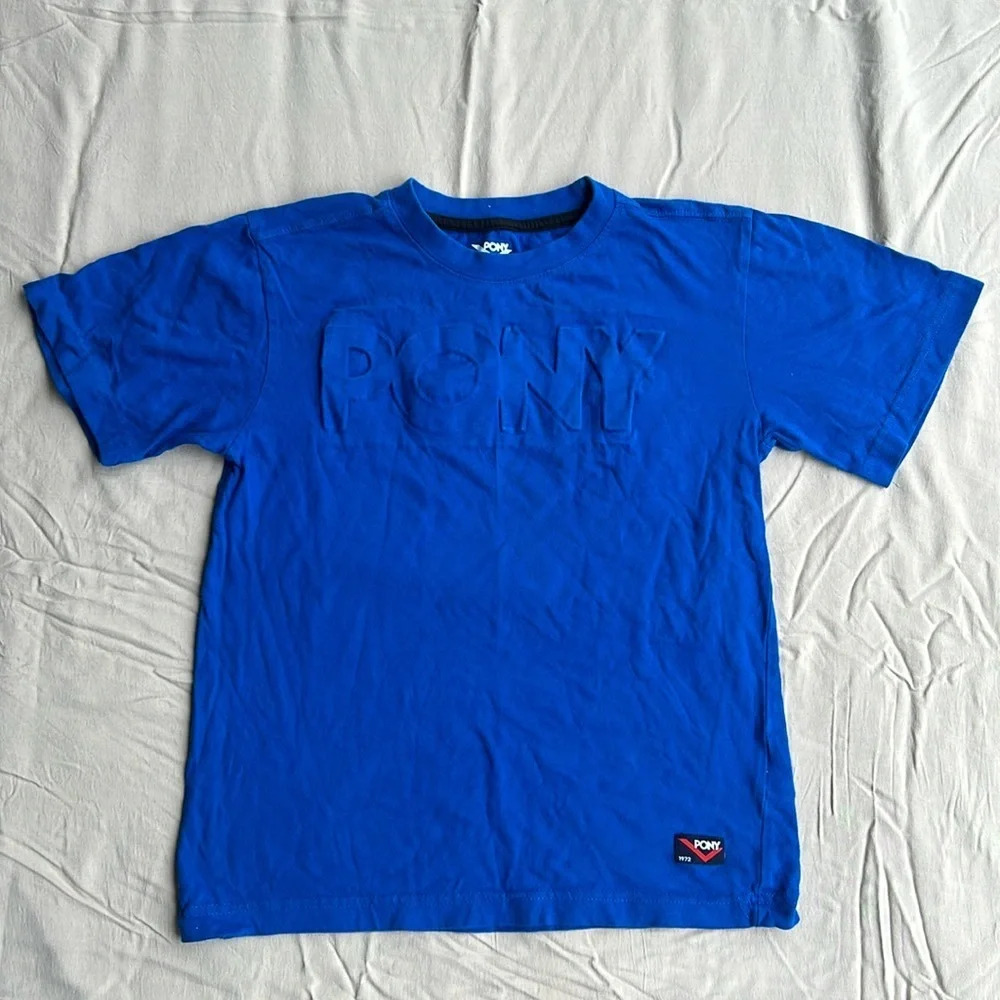 Pony Boys Blue Raised‎ Chest Logo Short Sleeve Cotton T-Shirt Medium 10/12